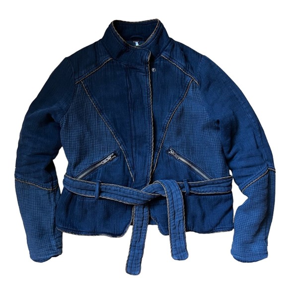 Free People Navy Blue Moto Jacket Size S Belted Full Zip Distressed Cotton - Picture 17 of 17